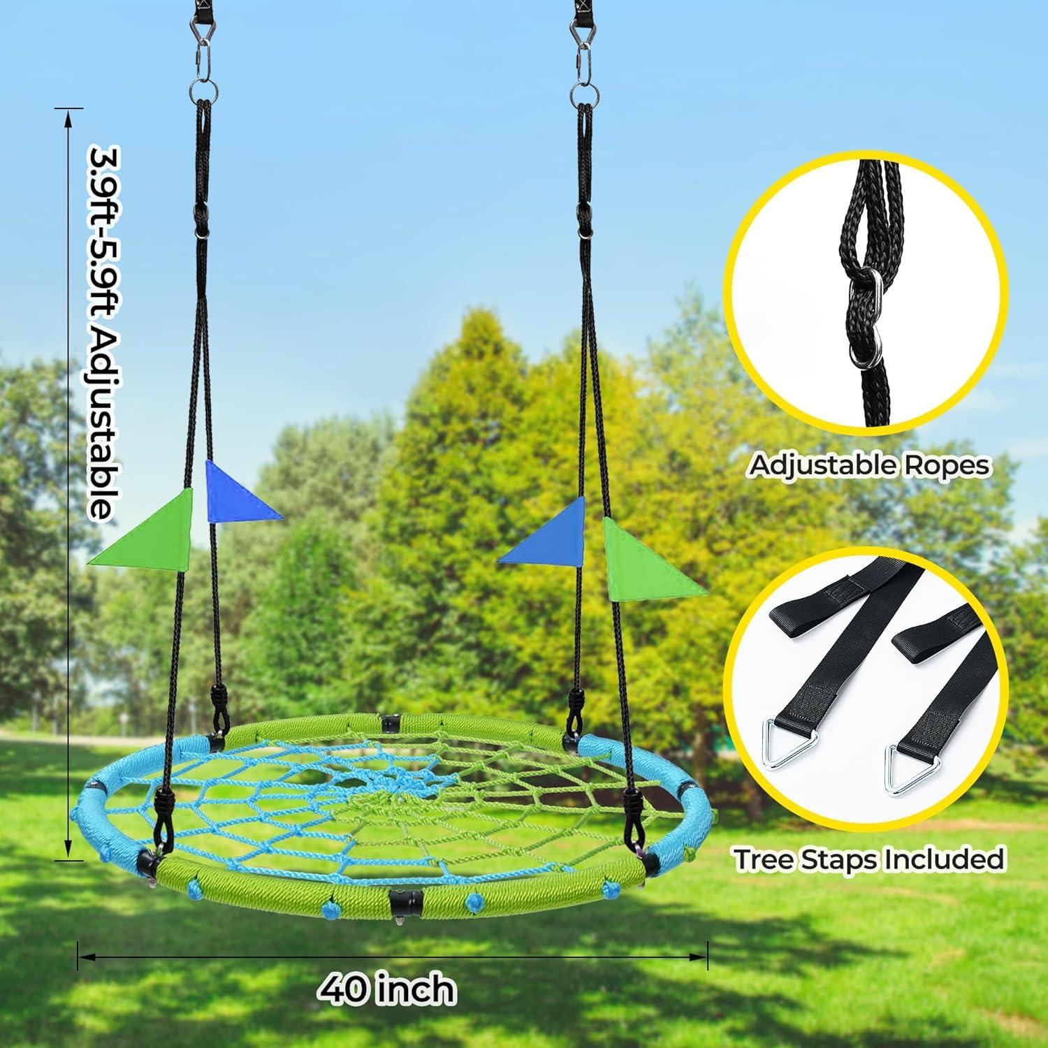 imagePACEARTH 40 Spider Web Saucer Swing for Kids ampamp Adults Max 700LBS Heavy Duty Net Swing with Rustproof Hardware 3X Durable Tree Straps and Swivel Included for Trees and Structures GreenBluegreen