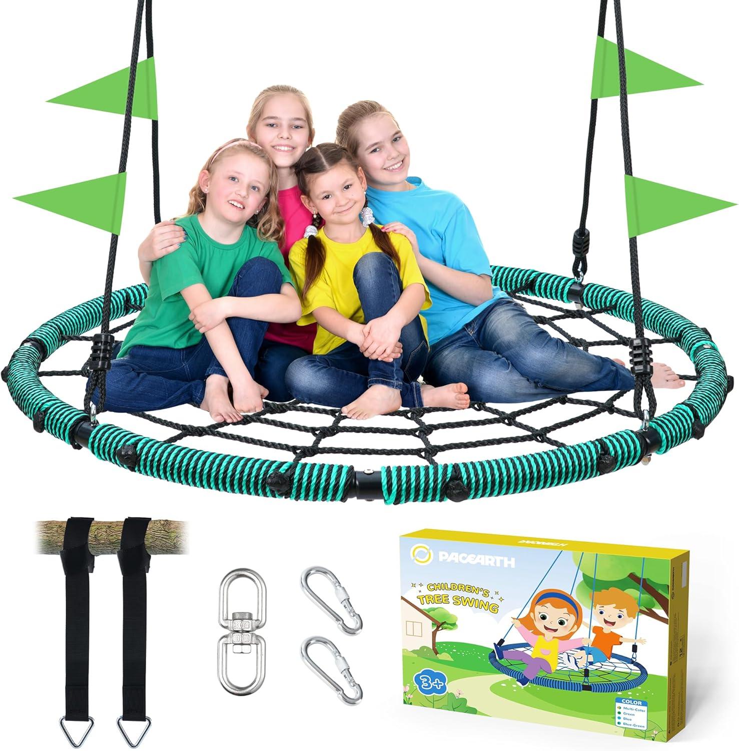 imagePACEARTH 40 Spider Web Saucer Swing for Kids ampamp Adults Max 700LBS Heavy Duty Net Swing with Rustproof Hardware 3X Durable Tree Straps and Swivel Included for Trees and Structures GreenGreen