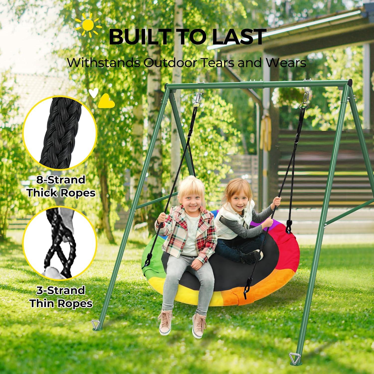 imagePACEARTH 440lbs Capacity Flying Saucer Swing Set with Heavy Duty AFrame Metal Swing Stand Full Steel Outdoor for Kids Backyard Playground OutdoorRainbowRainbow
