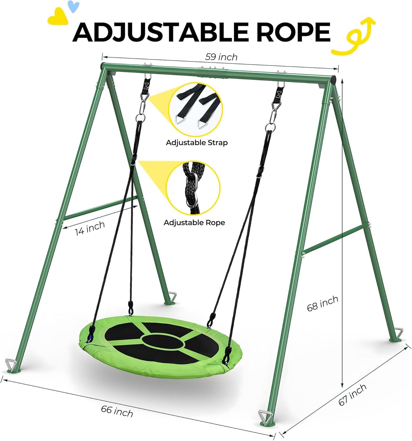 imagePACEARTH 440lbs Capacity Flying Saucer Swing Set with Heavy Duty AFrame Metal Swing Stand Full Steel Outdoor for Kids Backyard Playground OutdoorRainbowGreen