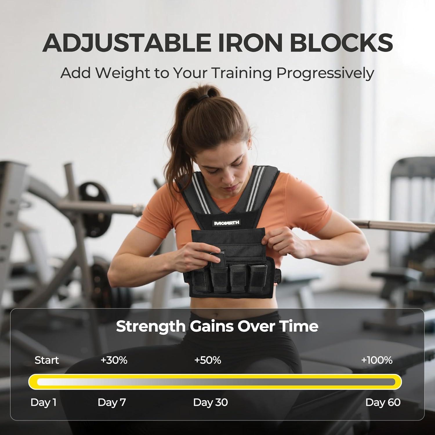 imagePACEARTH Adjustable Weighted Vest for Men ampamp Woman 20lb22lb35lb44lb WeightAdjustable Vest with Addon Iron Blocks for Hardcore Strength Training Weight Exercise CrossFit Running Black20LBS