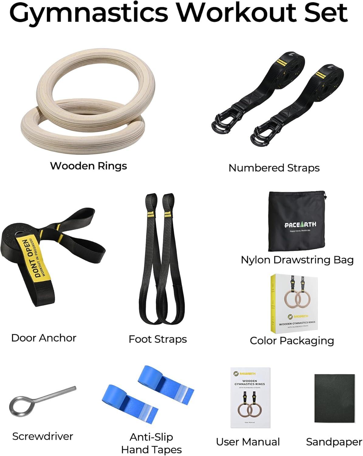 imagePACEARTH Gymnastics Rings Wooden Olympic Rings Support 1500lbs Locked Carabiners 9ft DoubleLayer Numbered Straps NonSlip Gym Rings with Foot Straps Door Anchor for Home Gym Full Body Workout01125 Buckle Rings  Straps  Door Anchor  Foot Straps