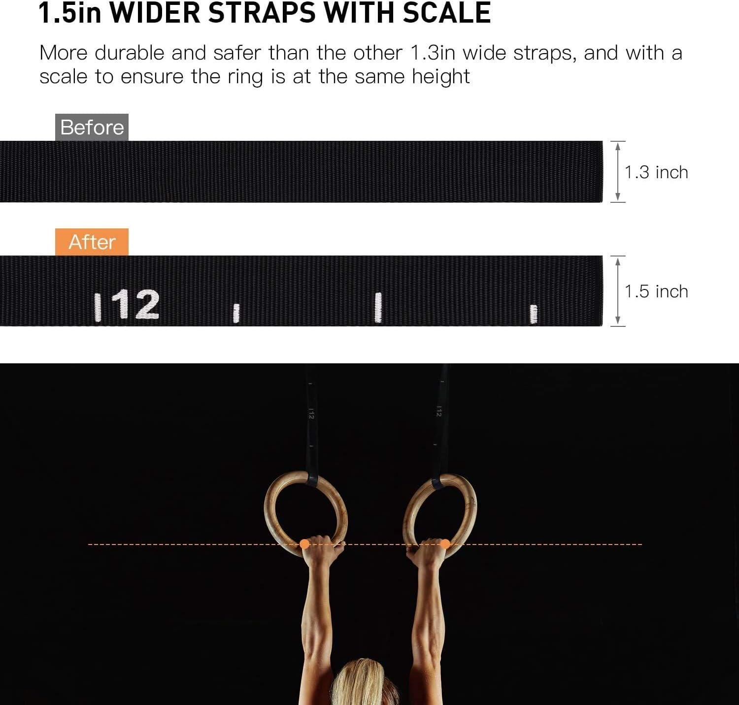 imagePACEARTH Gymnastics Rings Wooden Olympic Rings Support 1500lbs Locked Carabiners 9ft DoubleLayer Numbered Straps NonSlip Gym Rings with Foot Straps Door Anchor for Home Gym Full Body Workout03111 28MM Rings  Straps