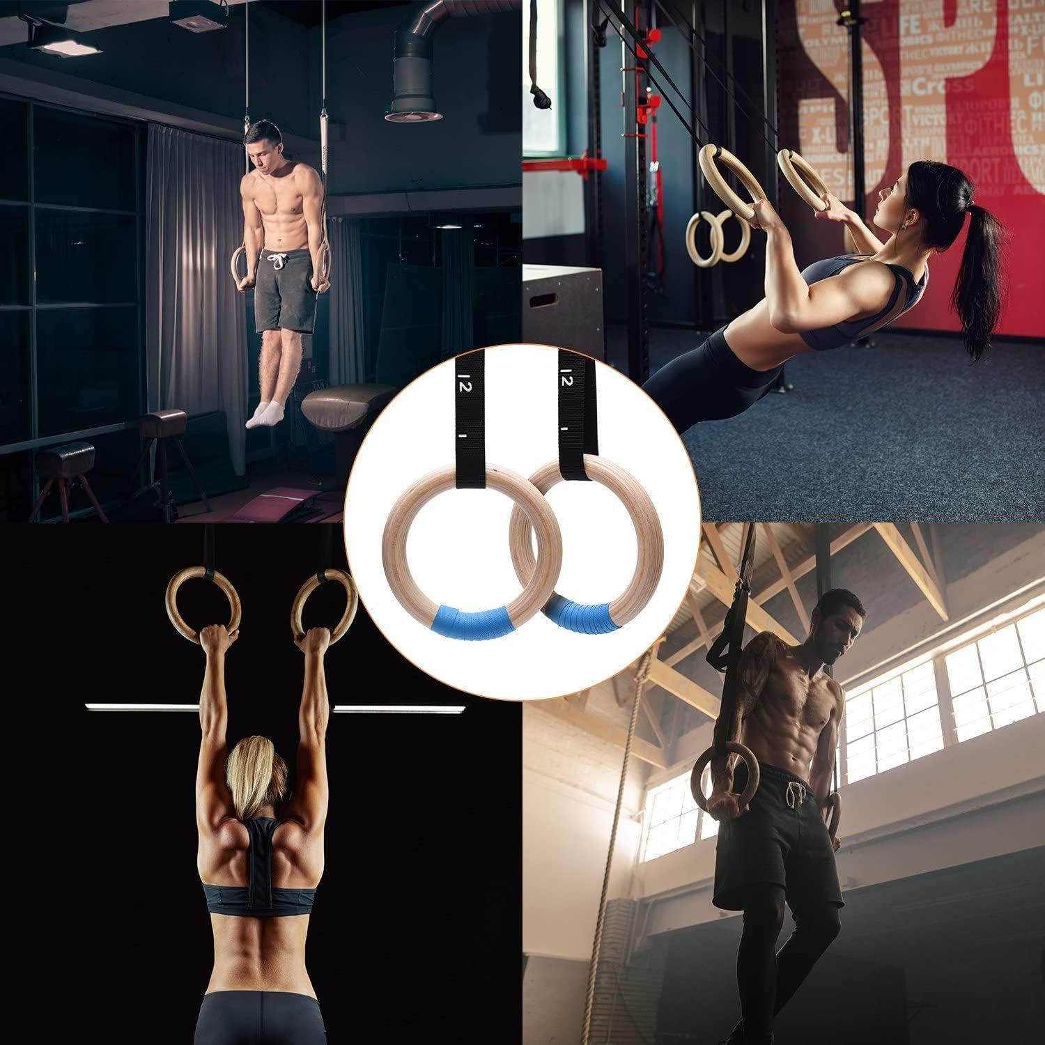 imagePACEARTH Gymnastics Rings Wooden Olympic Rings Support 1500lbs Locked Carabiners 9ft DoubleLayer Numbered Straps NonSlip Gym Rings with Foot Straps Door Anchor for Home Gym Full Body Workout03111 28MM Rings  Straps