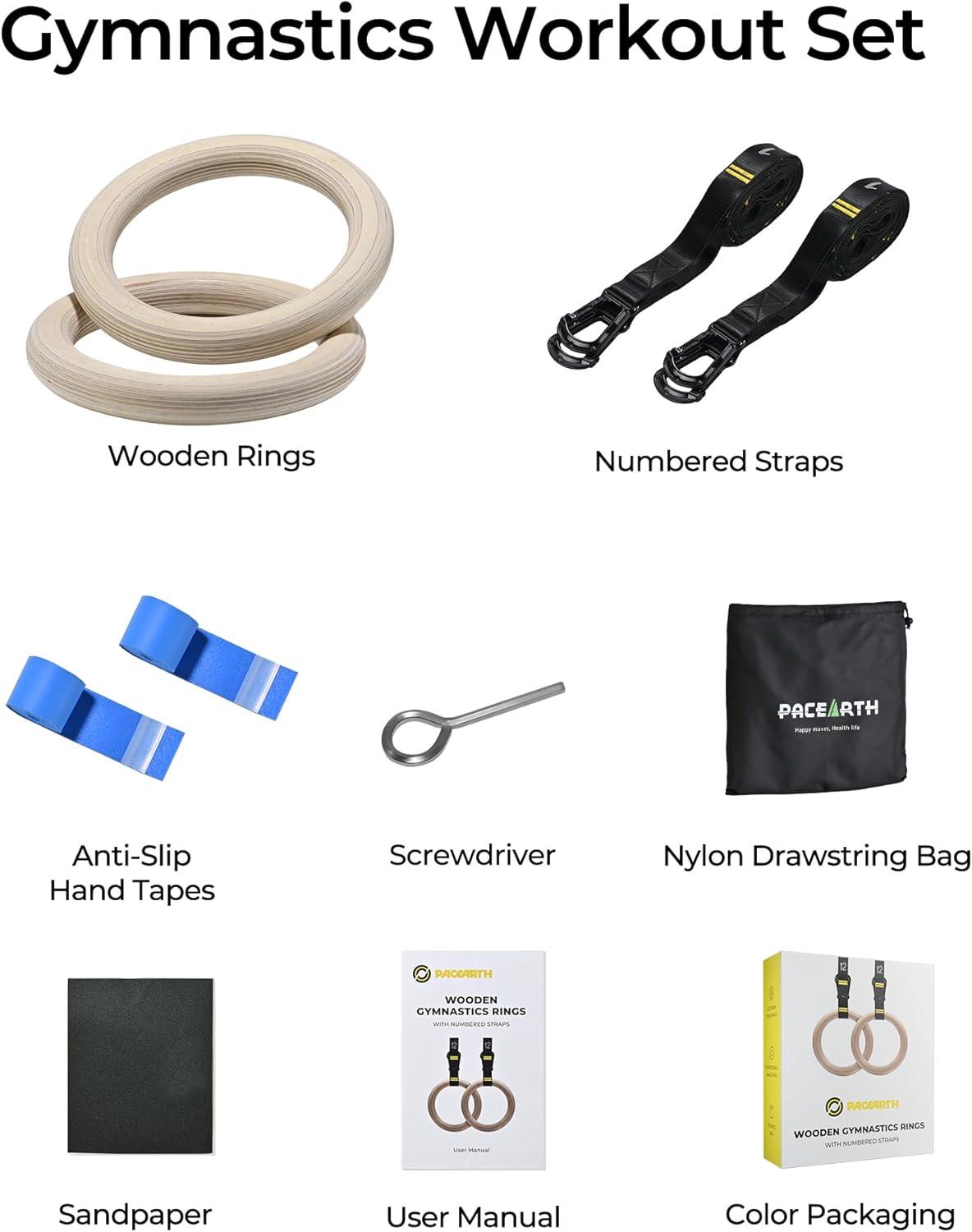 imagePACEARTH Gymnastics Rings Wooden Olympic Rings Support 1500lbs Locked Carabiners 9ft DoubleLayer Numbered Straps NonSlip Gym Rings with Foot Straps Door Anchor for Home Gym Full Body Workout02125 Buckle Rings  Straps Set