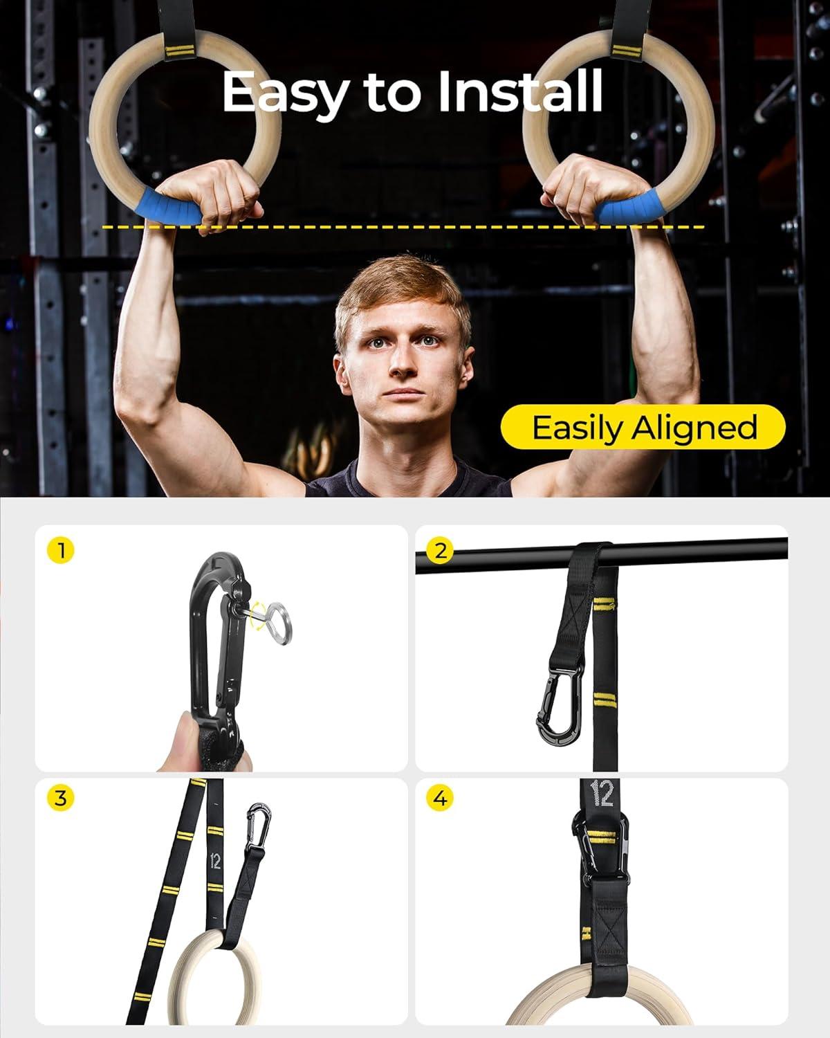imagePACEARTH Gymnastics Rings Wooden Olympic Rings Support 1500lbs Locked Carabiners 9ft DoubleLayer Numbered Straps NonSlip Gym Rings with Foot Straps Door Anchor for Home Gym Full Body Workout01125 Buckle Rings  Straps  Door Anchor  Foot Straps