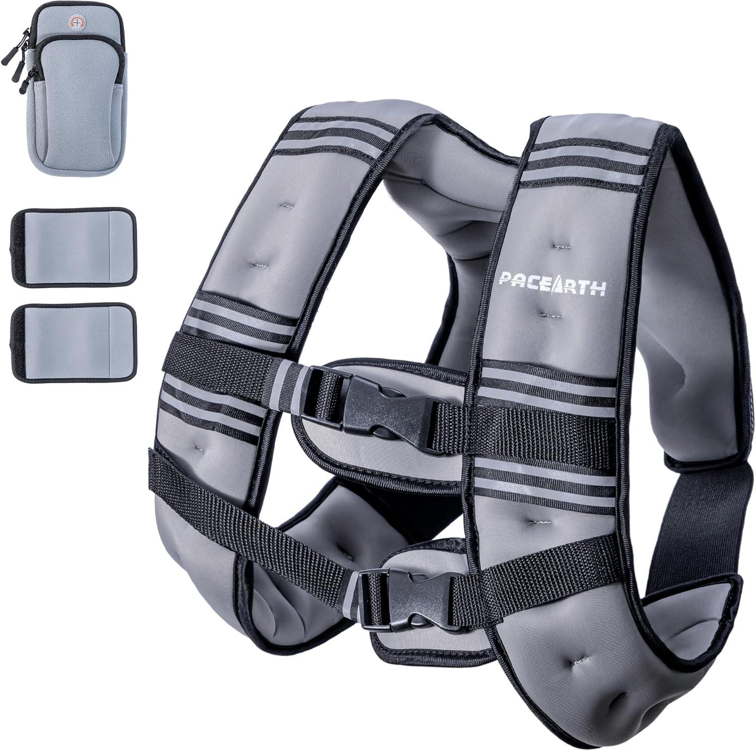 imagePACEARTH Weighted Vest4lb6lb10lb12lb16lb20lb25lb30lb Weight Vest with Reflective Stripe Body Weight Vests Adjustable for Men Women Workout Strength Training Running Walking JoggingGrey