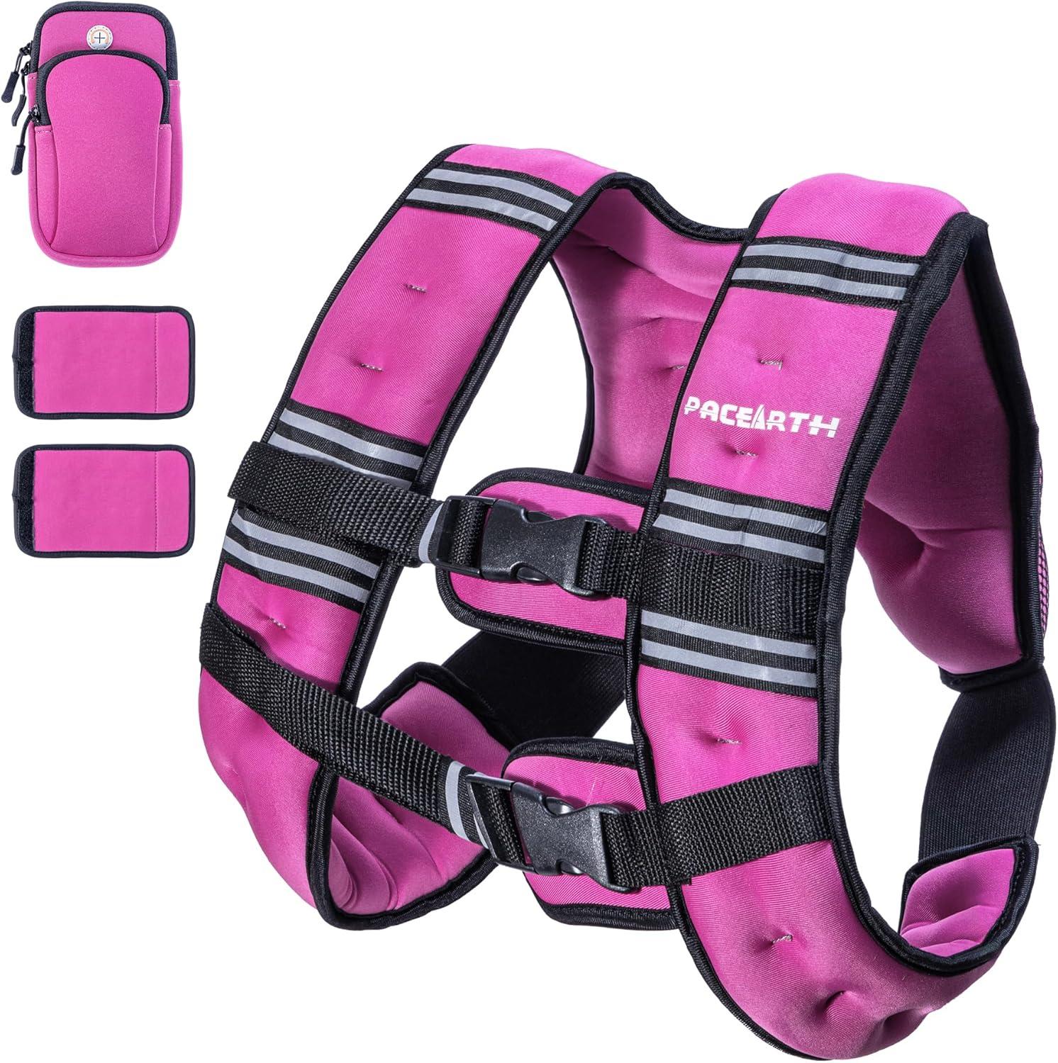 imagePACEARTH Weighted Vest4lb6lb10lb12lb16lb20lb25lb30lb Weight Vest with Reflective Stripe Body Weight Vests Adjustable for Men Women Workout Strength Training Running Walking JoggingPink