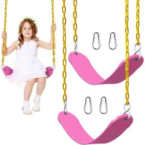 imagePACEARTH 2 Pack Swings Seats Holds 660lbs with 689 inch AntiRust Chains Plastic Coated 236 inch Tree Hanging Straps and Locking Buckles Playground Swing Set Accessories Replacement  GreenPink  2 Packs