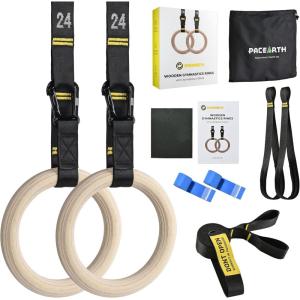 imagePACEARTH Gymnastics Rings Wooden Olympic Rings Support 1500lbs Locked Carabiners 9ft DoubleLayer Numbered Straps NonSlip Gym Rings with Foot Straps Door Anchor for Home Gym Full Body Workout01125 Buckle Rings  Straps  Door Anchor  Foot Straps