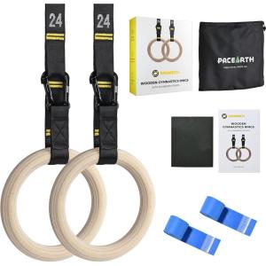 imagePACEARTH Gymnastics Rings Wooden Olympic Rings Support 1500lbs Locked Carabiners 9ft DoubleLayer Numbered Straps NonSlip Gym Rings with Foot Straps Door Anchor for Home Gym Full Body Workout02125 Buckle Rings  Straps Set