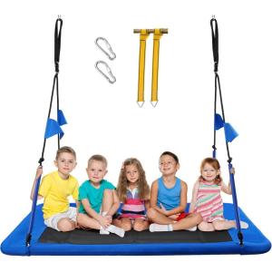 imagePACEARTH Rectangular Tree Swing Set for Children and Adults Heavy Duty Support 700LBS with Foam Protected 8Strand Ropes and Thickened Hardware Easy to Install Outdoor Kids Swing Colorful with FlagsBlue
