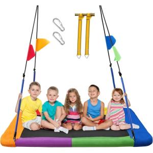 imagePACEARTH Rectangular Tree Swing Set for Children and Adults Heavy Duty Support 700LBS with Foam Protected 8Strand Ropes and Thickened Hardware Easy to Install Outdoor Kids Swing Colorful with FlagsMuticolor